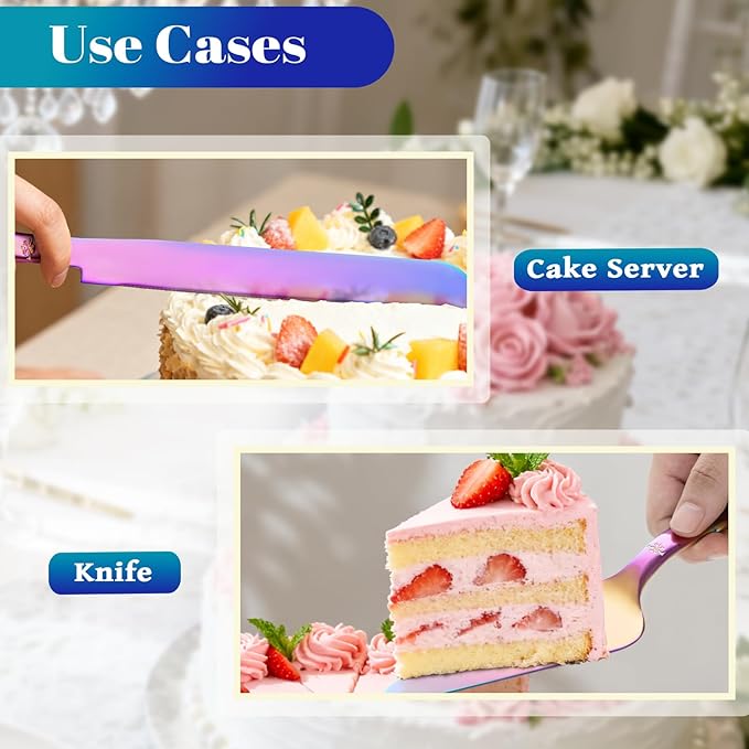 Cake Cutting Set for Wedding, Elegant Cake Knife and Server Set with Thickened Stainless Steel Rounded Edges, Cake Cutter and Pie Spatula for Birthday Anniversary, 2 Pcs, Multipurple