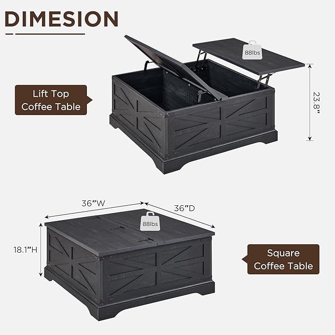 JXQTLINGMU Farmhouse Lift Top Coffee Table with Storage, 36" Wood Square Center Table with Large Hidden Compartment, Rustic Lift Tabletop Dining Table for Home Living Room, Black