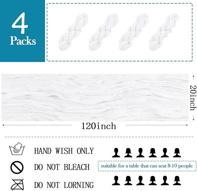 4 Pack White Cheesecloth Table Runner 20 x 120 inch Gauze Table Runners 10 FT Long,Semi Sheer Boho Cheese Cloth Fabric Table Runner Bulk for Wedding,Party,Baby Shower,Bridal Shower Decoration