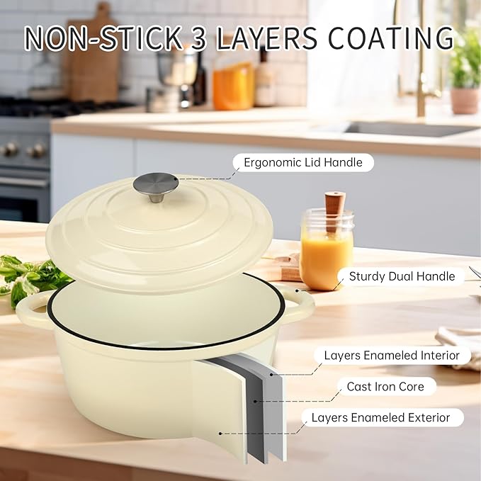 6 Quart Enameled Cast Iron Dutch Oven Pot with Lid and Silicone Accessories, Oven Safe up to 500째F or on Stovetop, Non-stick Dutch Oven for Bread Baking, Cooking, Dual Handles Cookware, Beige