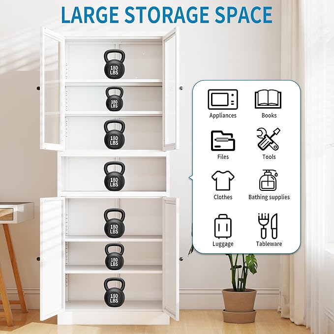White Steel Kitchen Pantry Cabinet with Glass & Solid Doors, 72" H Storage Cabinet with Adjustable Shelves, Heavy Duty Freestanding Utility Cabinet for Dining/Living Room, Assembly Required