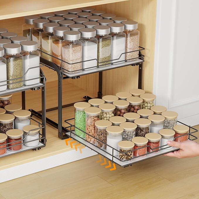 Spice Rack Organizer for Cabinet, 2 Tier Pull Out Spice Rack ??Heavy Duty Metal Spice Organization for Cabinet, 50-Jar Capacity, Height Adjustable Cabinet Organizer (11.5W" X 10.5"D X 9"H, Black)
