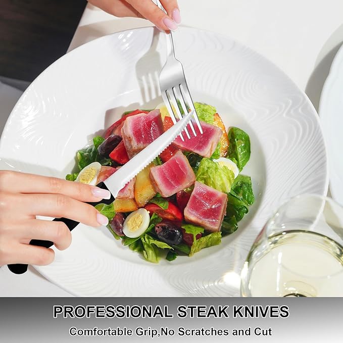 61Pcs Silverware Set with Organizer, Silver Stainless Steel Flatware Set for 10 Cutlery Utensil Sets with Steak Knives, Spoons and Forks Set, Dishwasher Safe