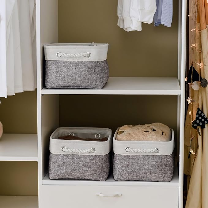 TheWarmHome Storage Bins for Shelves - 13.8L횞9.8W횞6.7H inch 3 Pack Medium Collapsible Storage Baskets for Organizing | Fabric Storage Cubes for Linen Closet Toy Home (White&Grey)