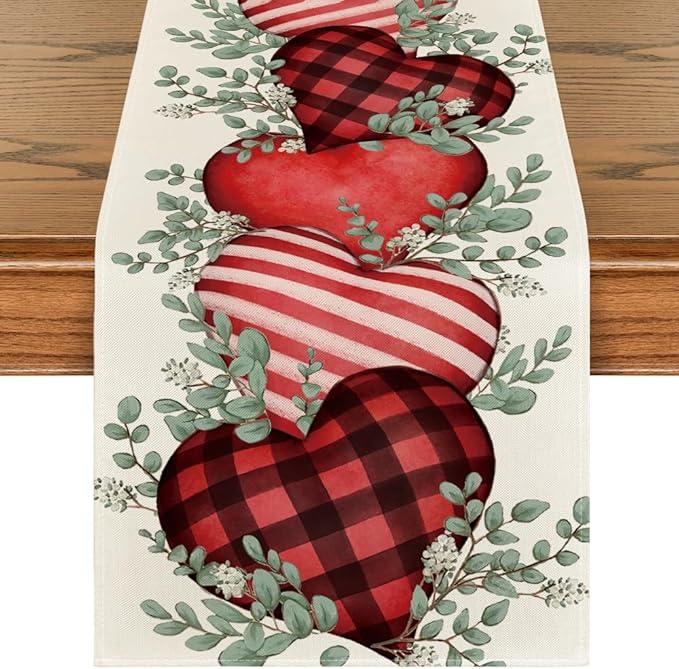 Artoid Mode Eucalyptus Hearts Valentine's Day Table Runner, Anniversary Holiday Kitchen Dining Table Decoration for Home Party Decor 13x36 Inch