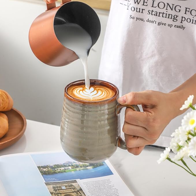 MEKY Coffee Mugs, 15oz Ceramic Coffee Cups with Comfortable Handle for Latte, Milk, Cappuccino, Cocoa, Tea Cups for Office and Home, Dishwasher and Microwave Safe, Set for 4, Brown