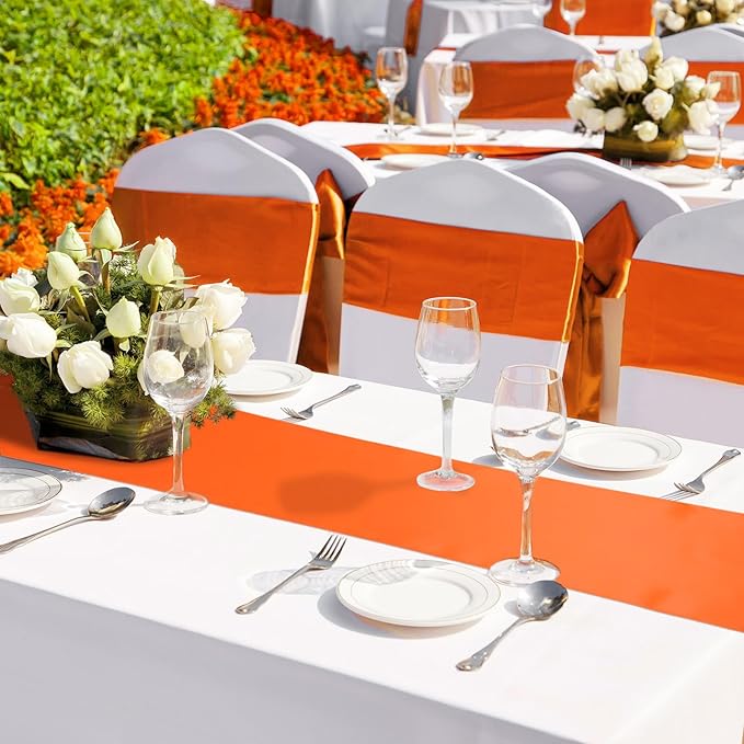 Bencailor 24 Pcs Orange Satin Table Runner Bulk 12 x 108 Inches Long Table Runners Bright Smooth Fabric Tablecloth for Wedding Banquet Birthday Valentines St Patrick's Day Party Decorations