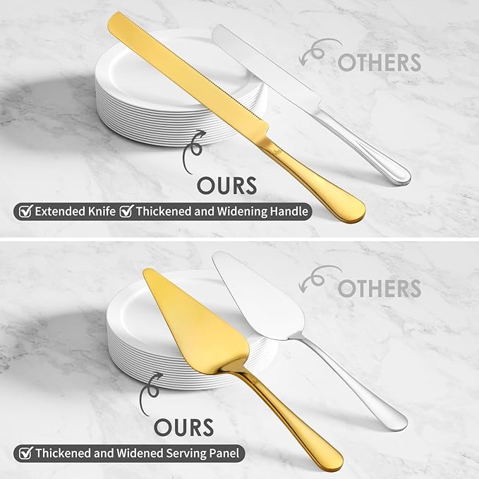 Cake Cutting Set for Wedding - Extended Cake Knife And Server Set Thickened Stainless Steel Cake Cutter and Pie Spatula Great for Birthday Anniversary Christmas Gift Gold 2 Pcs