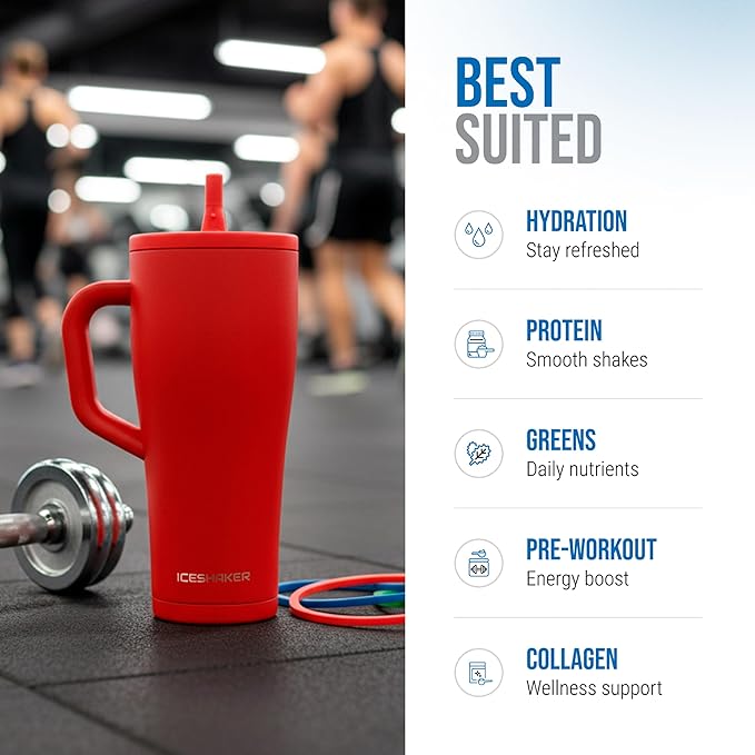 Ice Shaker 32 oz Tumbler with Handle and Straw | 32oz Red | Cold for 30+ Hours | 2-in-1 Tumbler Shaker Bottle | Odor-Free 32 ounce Bottle for Water, Protein Shakes, Smoothies, Cocktails