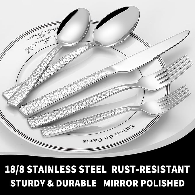 20-Piece Silverware Set, Hammered Stainless Steel Flatware Set for 4, Kitchen Utensil Cutlery Set Include Forks and Spoons Knives Flatware Set, Mirror Finish & Durable, Dishwasher Safe