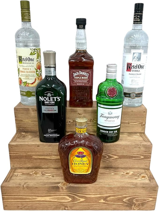 Handmade Tiered Display Shelving - Three Tier Bar Display - Bar Organizer - Liquor Bottle Display (18" without Back, Special Walnut)