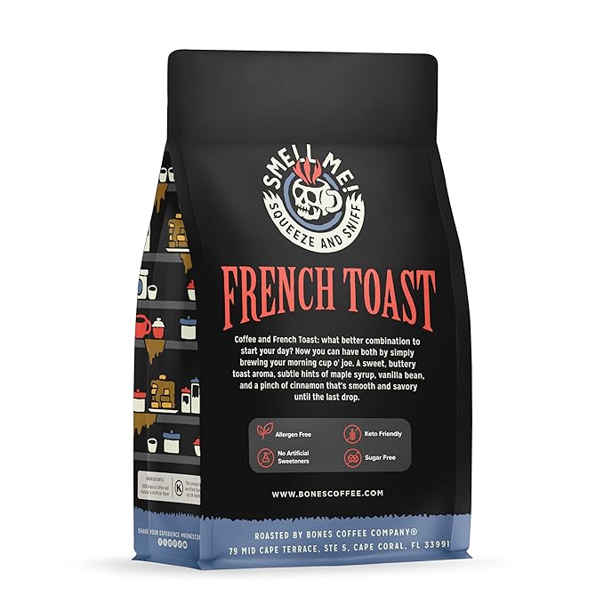 Bones Coffee Company French Toast, Sweet and Buttery Flavored Flavored Coffee, Medium Roast Low Acid Arabica Beans Compatible with Auto drip and French Press Coffee Maker, 12 Oz Whole Bean