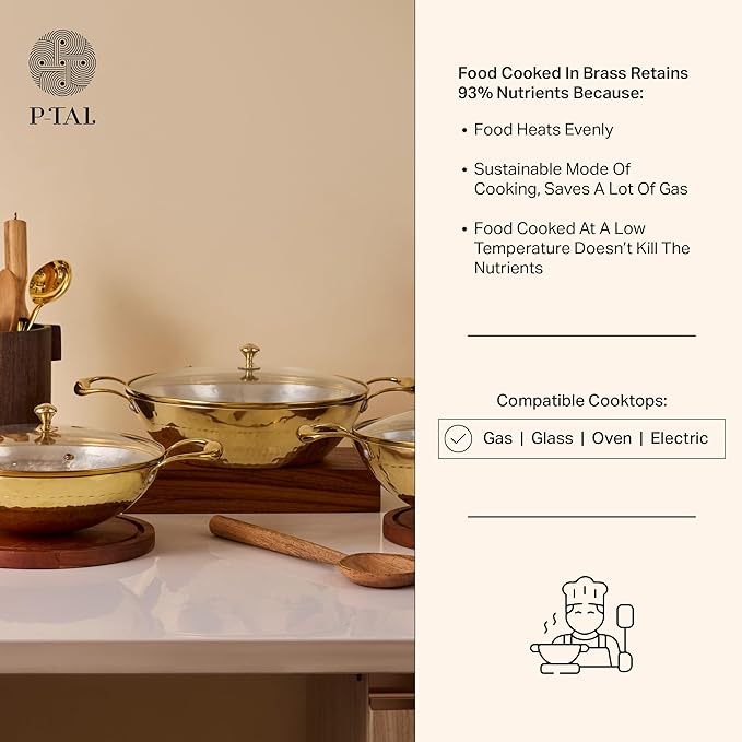 P-TAL Brass Wok With a Lid, Kadhai, Nonstick Wok Pan with a Tin Coating, Non-Toxic Cookware with Ayurvedic Health Benefits, PFOA and PFAS Free (Glass Lid Flat Base)