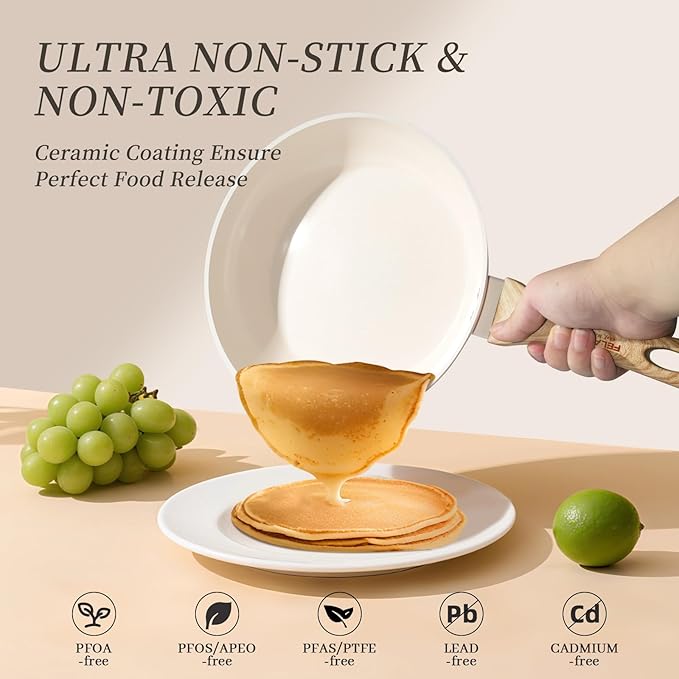 FELAMP Healthy Ceramic Nonstick Cookware Set, 7-Piece PFOA/PFOS/Toxin-Free Pots & Pans Set for Induction & All Stovetops, Dishwasher Safe with Glass Lids竊똆ift for New Home & Chefs