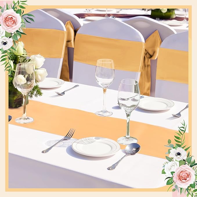 Bencailor 24 Pcs Champagne Satin Table Runner Bulk 12 x 108 Inches Long Table Runners Bright Smooth Fabric Tablecloth for Wedding Banquet Birthday Valentines St Patrick's Day Party Decorations