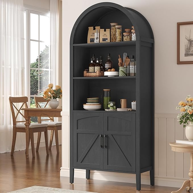 ONBRILL 71" Tall Arched Bookshelf, 5-Tier Arched Bookcase with Door & Storage Cabinet, Farmhouse Display Bookshelf Cabinet with Adjustable Shelf, Freestanding Wood Bookcase for Home Office, Study