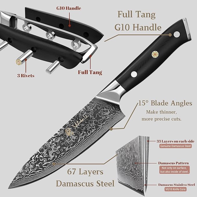 Wakoli Elite Cuisine Knife Block Set ??5-Piece Professional Damascus Kitchen Knife Set with Magnetic Block, G10 Handles & VG10 Core in Elegant Gift Box