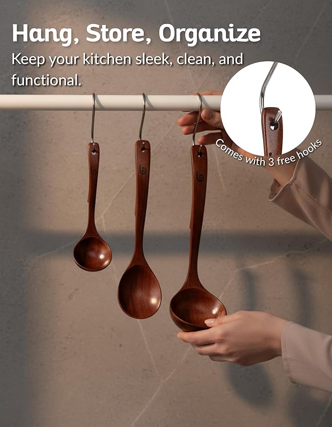 Soup Spoons - Luxury Teak Wood Ladle Set of 3 ??Chef-Grade, Eco-Friendly Wooden Cooking Utensils with Reinforced Neck Joint & Anti-Slip Notch Handle ??Multi-Size, Gift-Ready Ladle Spoons Set