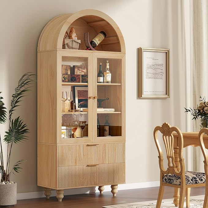 71" Tall Arched Pantry Cabinet With Glass Door, Fluted Kitchen Storage Cabinets with Shelves and Large Drawers, Wooden Buffet Cabinet Credenza for Living Room, Entryway, Coffee Station, Natrual Oak