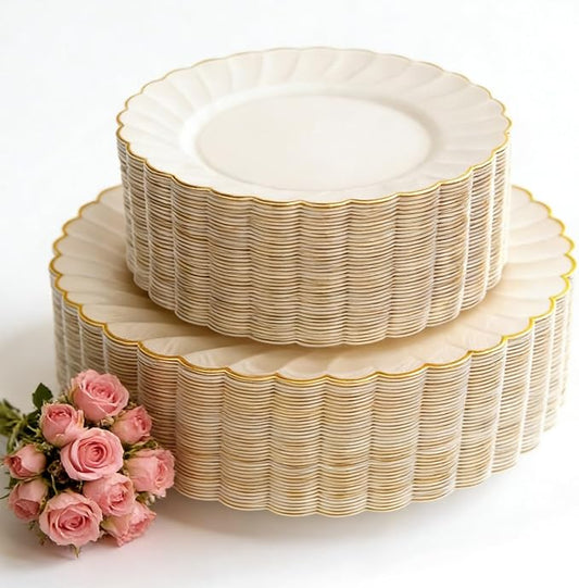YOUBET 100PCS Ivory Scalloped Plastic Plates - Heavy Duty Gold Disposable Fancy Hard Plates Include 50 Dinner Plate, 50 Dessert Plate, for Wedding & Party Valentines Day