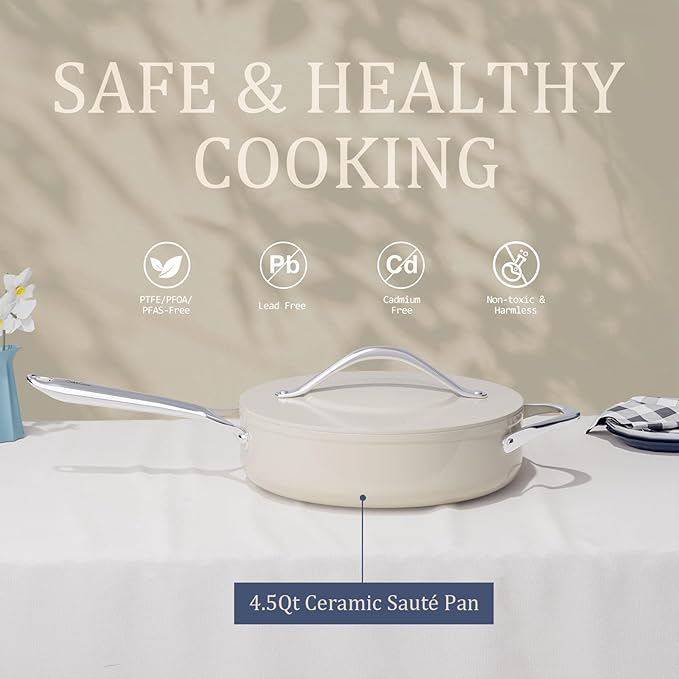 Nonstick Ceramic Saut챕 Pan with Lid (4.5 qt, 11") Deep Frying Pan for All Cooktops Non Toxic Skillet PTFE/PFOA/PFAS Free, Even Heat Distribution, Oven Safe w/Stay-Cool Handle, Cream