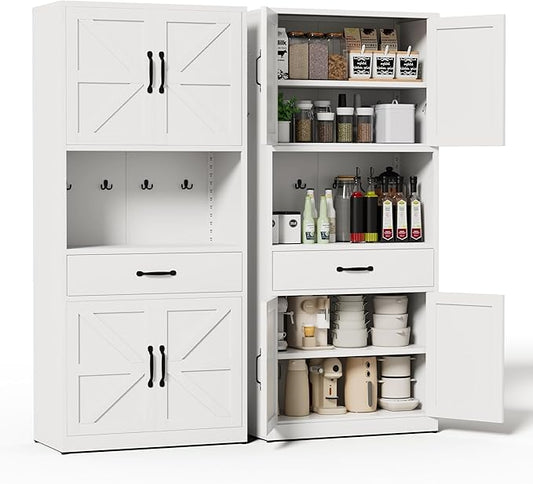 72" Tall White Steel Kitchen Pantry Storage Cabinet with Large Countertop and Adjustable Shelves, Metal Farmhouse Cabinets for Living Room, Bathroom, Heavy Duty Rustic Pantry