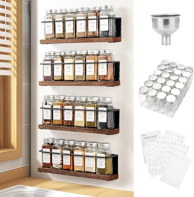 Magnetic Spice Rack with 24 Jars, 216 Labels, 1 Steel Funnel for Refrigerator竊똌icrowave Oven - Full Set of Spice Organizer
