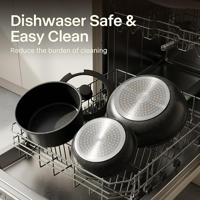 Pots and Pans Set Non Stick, Ceramic Cookware Sets 21 PCS, Granite Induction RV Kitchen Portable Stackable Cooking Set Removable Handles, Dishwasher 竊?Oven Safe, Black