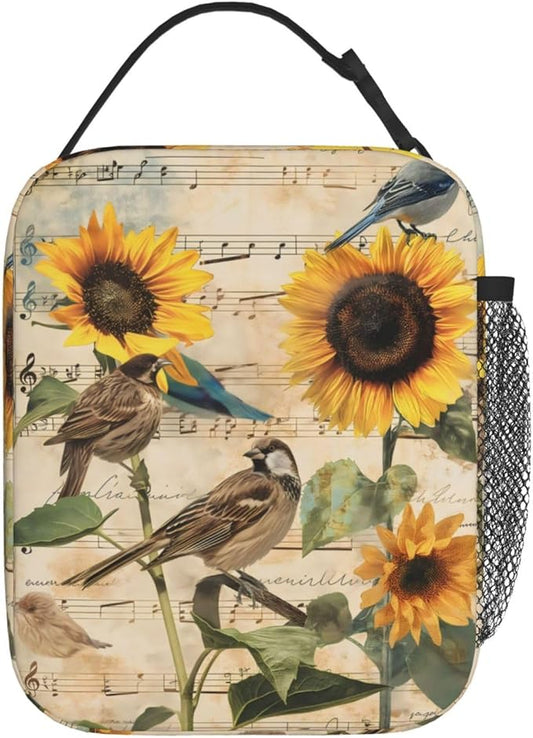 VANZEV Vintage Bird Print Insulated Lunch Box Gifts for Kids Adults Sunflower and Musical Note Design Reusable Portable Lunchbox Cooler Lunchbag for Work Picnic School Travel or Hiking