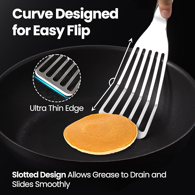 Stainless Steel Fish Spatula Set ??1 Large Fish Turner + 1 Small Metal Spatula, Ultra Thin Edge for Easy Turning & Flipping, Metal Kitchen Untensils with Ergonomic Non-Slip Handle, Dishwasher Safe