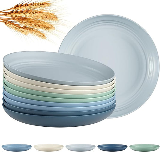 Quatish 10 PCS Unbreakable Reusable Plastic Plates,9 inch Dishwasher & Microwave Safe Dinner Plate, Easy-to-Clean Lightweight,Portable for Kitchen & Picnics Wheat Straw Plates（Blue）