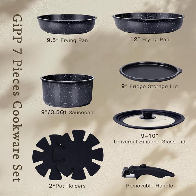 GiPP Ceramic Pots and Pans Set Non Stick, Nonstick Detachable Handle Cookware Sets, Healthy Non Toxic PFAS PFOA & PTFE Free, Dishwasher 竊냀ven Safe, Induction Kitchen Pot and Pan, 8 Piece Grey
