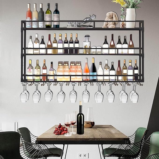 Wall Mounted Wine Rack, Floating Industrial Liquor Glass Holder 3 Tiers, Large Metal Wine Bottle Display Rack Hanging Shelf, for Home Bar Dining Room Decorative (Black, 70.86x35.43x9.84in)