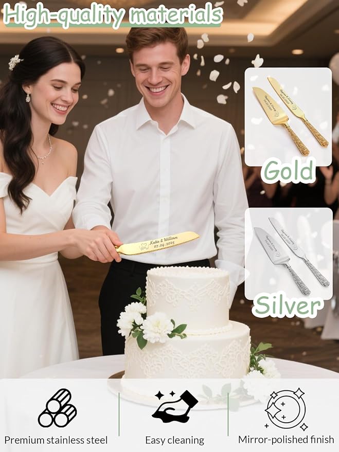 HJX Personalized Cake Knife and Server Set for Wedding - Engraved Stainless Steel Cake Cutting Set, Custom Elegant Cake Cutter Gift for Anniversary Birthday (03-Dark pattern flower)