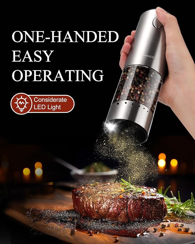 [Upgraded Larger Capacity] Tomentific Electric Salt and Pepper Grinder Set with Storage Base, Stainless Steel Pepper Mills with Washable Container, White LED Light, External Adjustable Coarseness