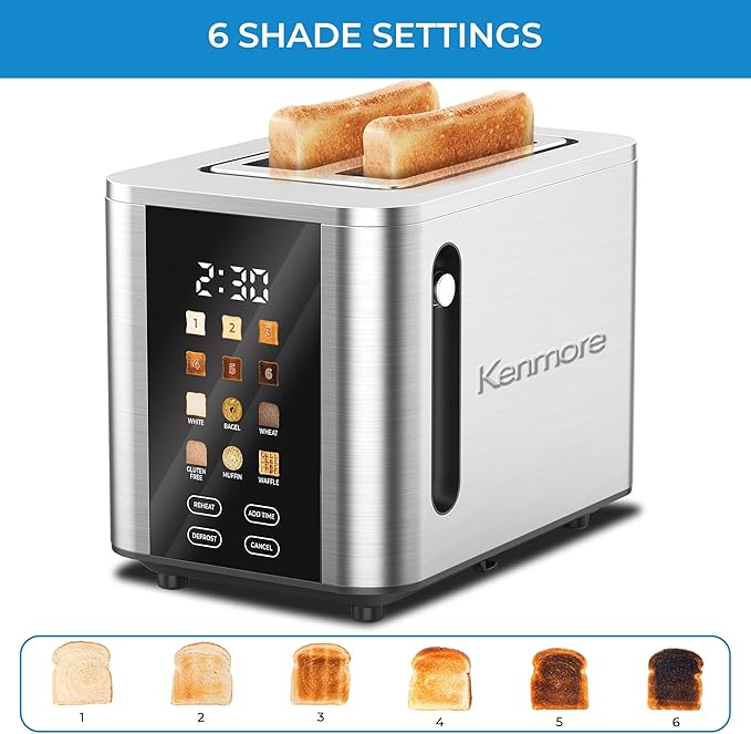 Kenmore 2-Slice Toaster | Color Touch Screen & 6 Shade Settings | Extra Wide Slots | Digital Countdown Timer | Customizable Smart Presets | Reheat, Defrost, Add Time Functions | Stainless Steel