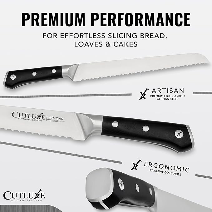 Cutluxe Bread Knife ??10" Serrated Knife for Homemade, Sourdough Bread ??Forged High Carbon German Steel ??Full Tang & Razor Sharp ??Ergonomic Handle Design ??Artisan Series