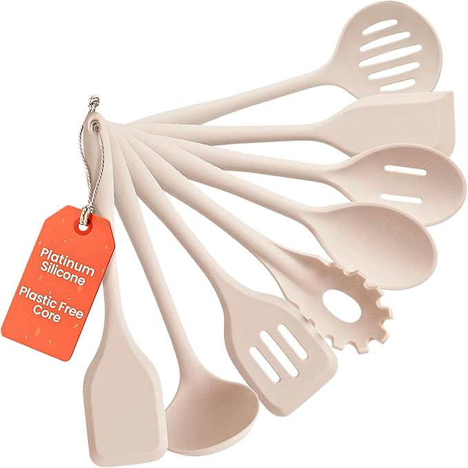 Non-Toxic Platinum Silicone Kitchen Utensil Set of 8 ??Non-Scratch Cooking Spoons & Spatulas, 100% Plastic Free, Stainless Steel Core, Heat Resistant 500째F, Beige