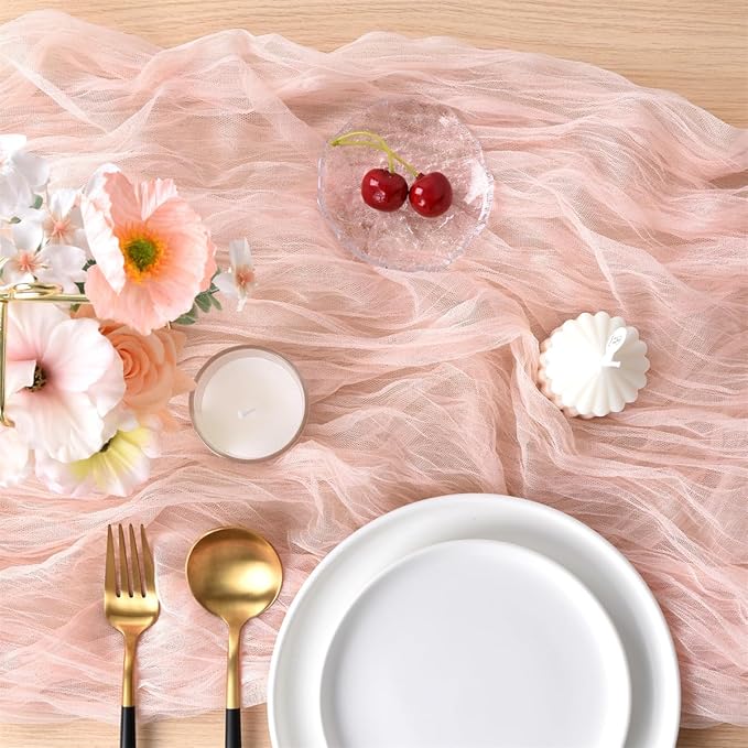 Joanlody Peach Cheesecloth Table Runner Spring Easter 10Ft Rustic Gauze Boho Cheese Cloth Table Runner for Wedding Bridal Baby Shower Decoration