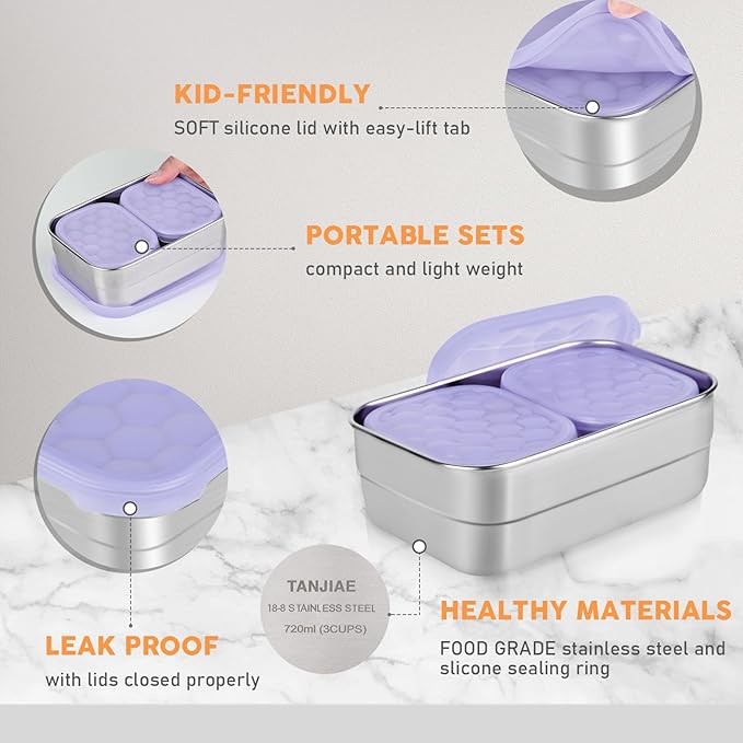 Tanjiae Small Stainless Steel Lunch Containers for Kids | Leak Proof BPA Free Snack Containers with 100% Pure Silicone Lids - Perfect Metal Lunch Box with Lids for School and Daycare (25oz+8oz*2)