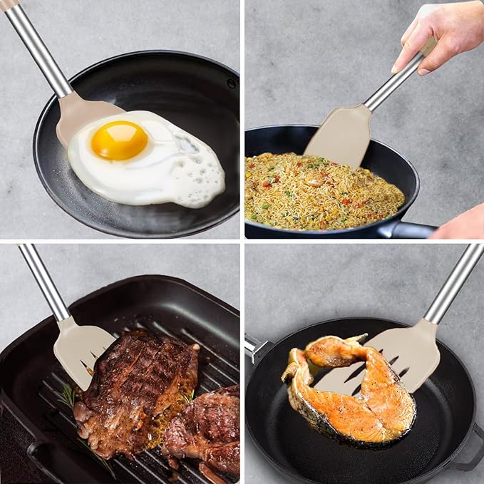 Silicone Spatula and Cooking Spoon,5 Pack Non-Stick Cooking Utensils for Kitchen竊똇eat Resistant Solid & Slotted Spoons and Spatulas, Stainless Steel Handle Coated with Silicone, Khaki