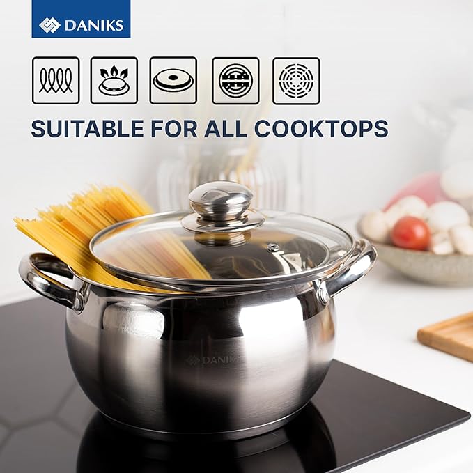 Daniks Classic 2 Quart Stainless Steel Stock Pot with Glass Lid, Tri-Ply Bottom for Even Heating, Induction Compatible, Dishwasher Safe