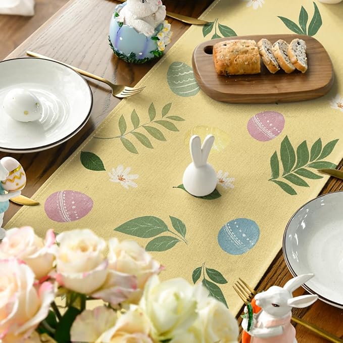 Artoid Mode Yellow Bunny Eggs Leaves Flowers 210 GSM Easter Table Runner, Seasonal Spring Kitchen Dining Table Decoration for Home Party Decor 13x72 Inch