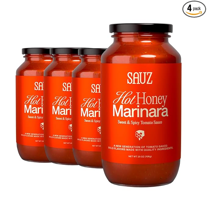 Sauz | Hot Honey Marinara Pasta Sauce, 25 Oz Jar (4-Pack), Sweet & Spicy Tomato Sauce, Gluten-Free, Non-GMO, Multi-Use, Clean Ingredients ??Small Batch