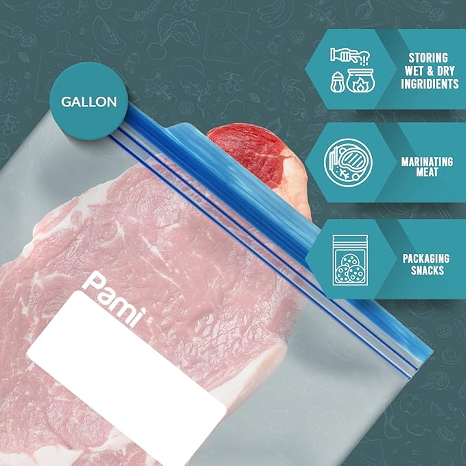 PAMI 60 Ct Reusable Leakproof Gallon Slider Freezer Bags with Expandable Bottom, Double Zipper Closure, Write on Label