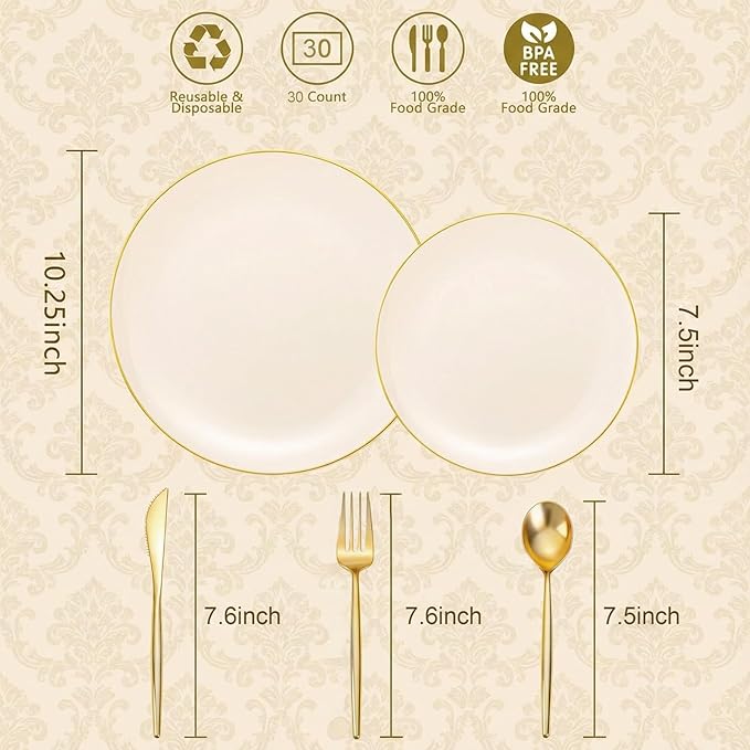 I00000 150Pcs Ivory Plastic Plates with Gold Rim,Nice Disposable plates,Gold Plastic Plates,Ivory Disposable Plates Set include 30 Dinner Plate,30 Dessert Plate,90 plastic Silverware Set for Party