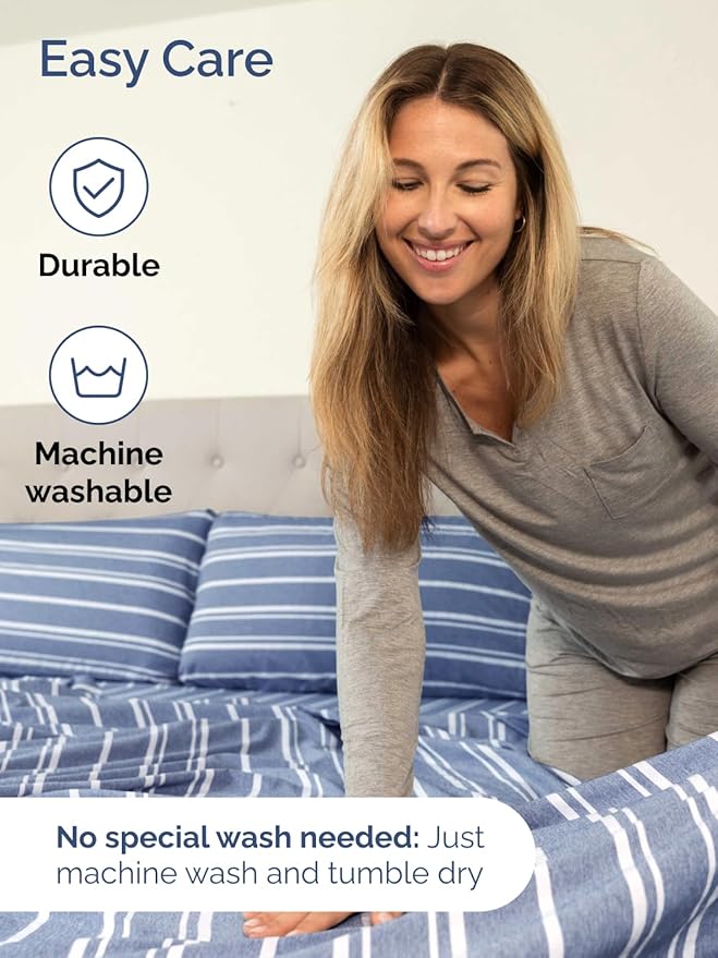 Extra Deep Pocket Twin Sheets - 3 Piece Breathable & Cooling Bed Sheets - Hotel Luxury Bed Sheet Set - Soft, Wrinkle Free & Comfy - Easily Fits Extra Deep Mattresses - Deep Pocket Blue Striped Sheets