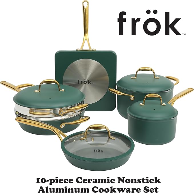 Frok 10 Piece Pots and Pans 4MM Thick Quick Heat Aluminum Cookware Set w/Premium PFA Free Ceramic Nonstick Interior Heat Resistant Exterior - Induction - Green & Gold