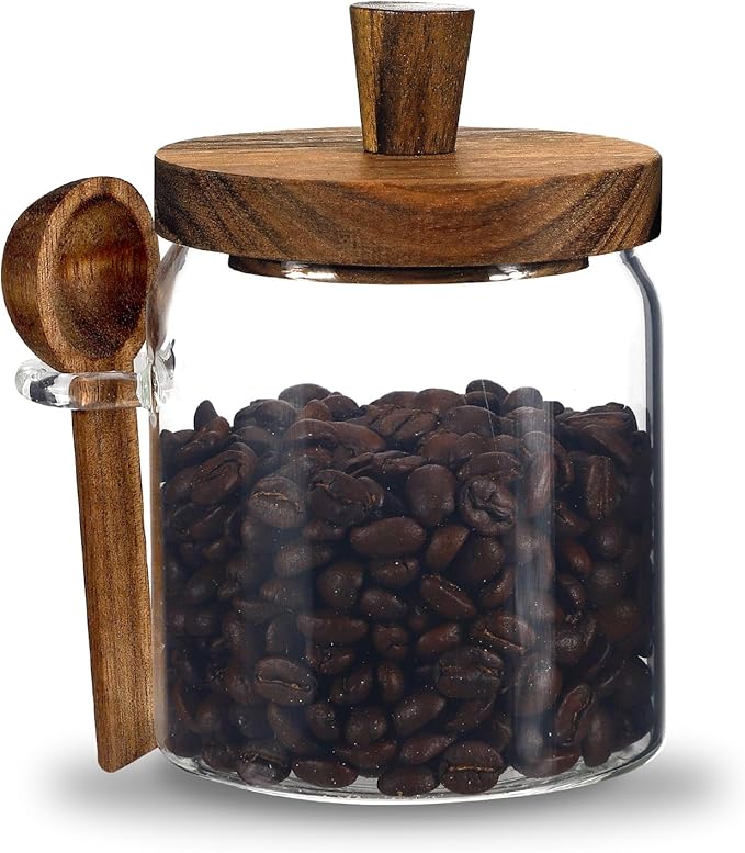 13oz Small Glass Food Storage Jar with Wood Lids Spoon Coffee Ground Canister Containers for Coffee Beans Bar Sugar Candy Spice Rice Tea (400ml/13.5oz-1 Pcs-with spoon)