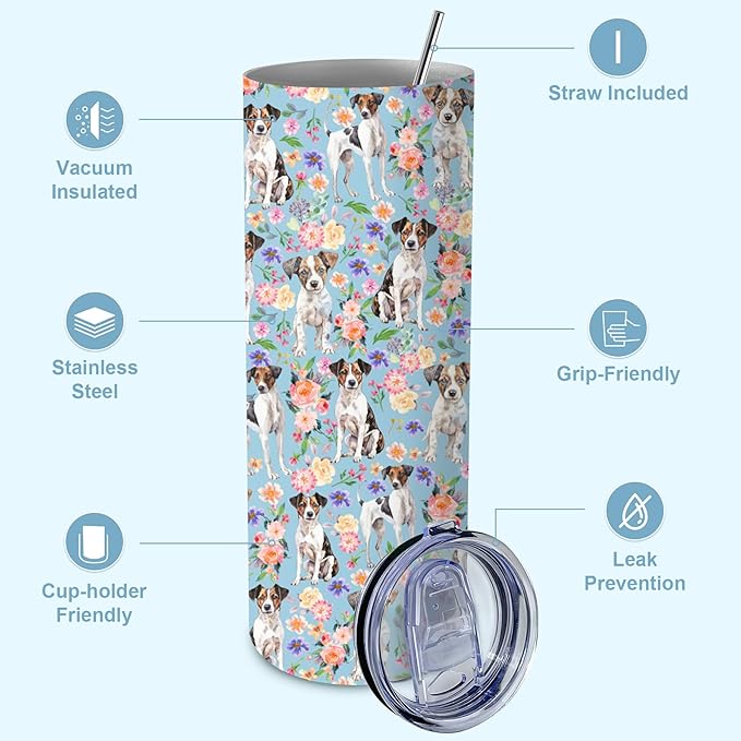 Yogusut Jack Russell Terrier Gifts for Women, 20oz Stainless Steel Insulated Tumbler Travel Mug Cup with Lid Straw Brush, Gifts for Dog Mom Dog Lover